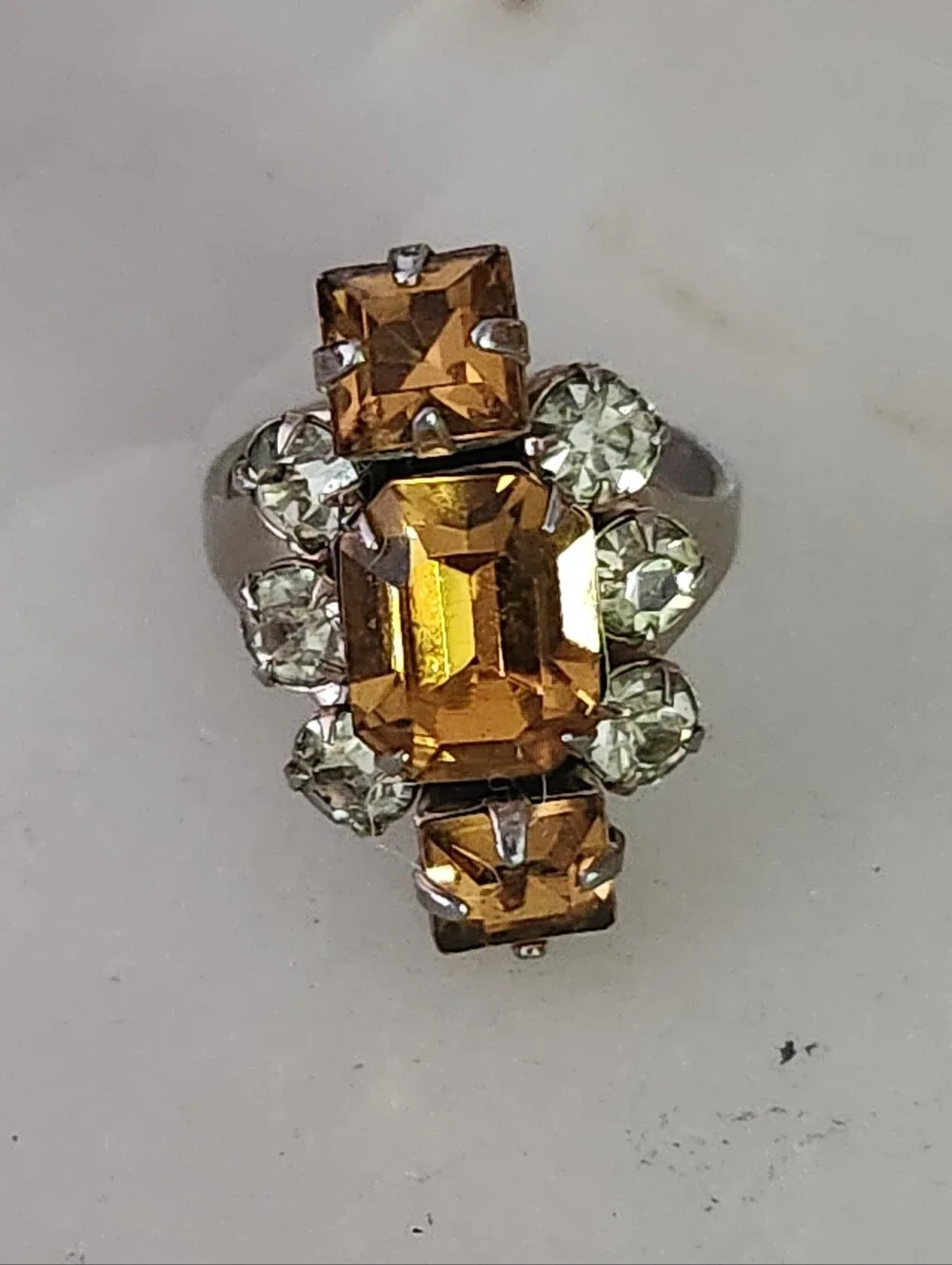 Vtg Amber Crystal Statement Ring